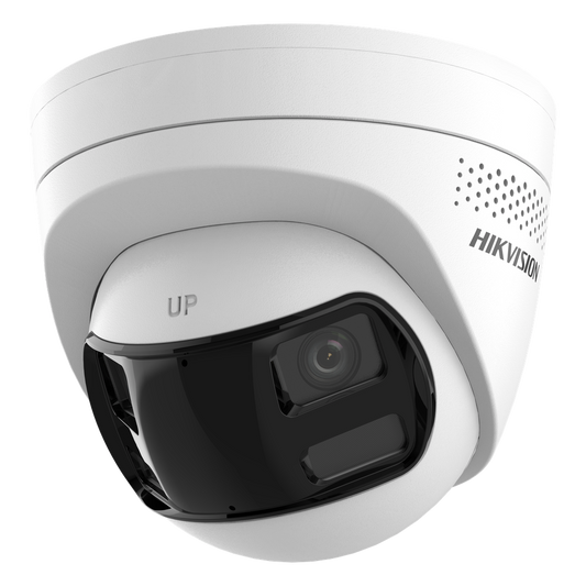 [PROTECCIÓN ACTIVA] Turret IP 6Megapixel / 2 Lentes de 2.8 mm (Imagen Panorámica 180°) / 30 mts IR / Exterior IP67 / Luz Intermitente y Alerta de Audio / Audio Bidireccional / ACUSENSE / WDR 120 dB / Micro SD