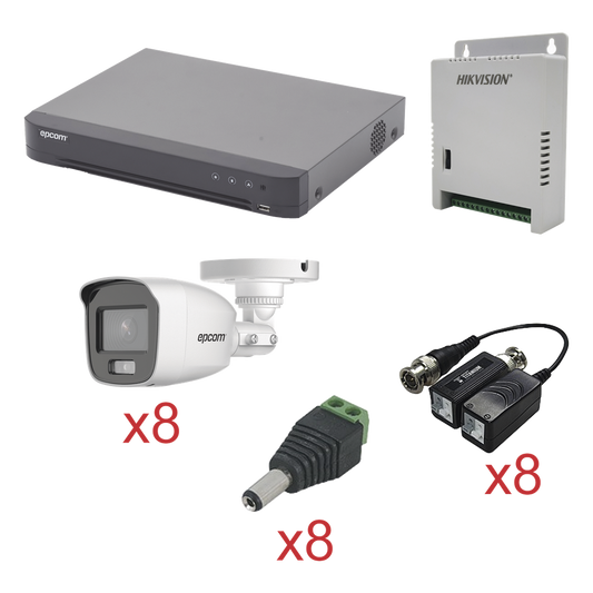 KIT TurboHD con Audio 1080p / DVR 8 Canales / 8 Cámaras Bala (exterior 2.8 mm) / Transceptores / Conectores / Fuente de Poder / AUDIO POR COAXITRON