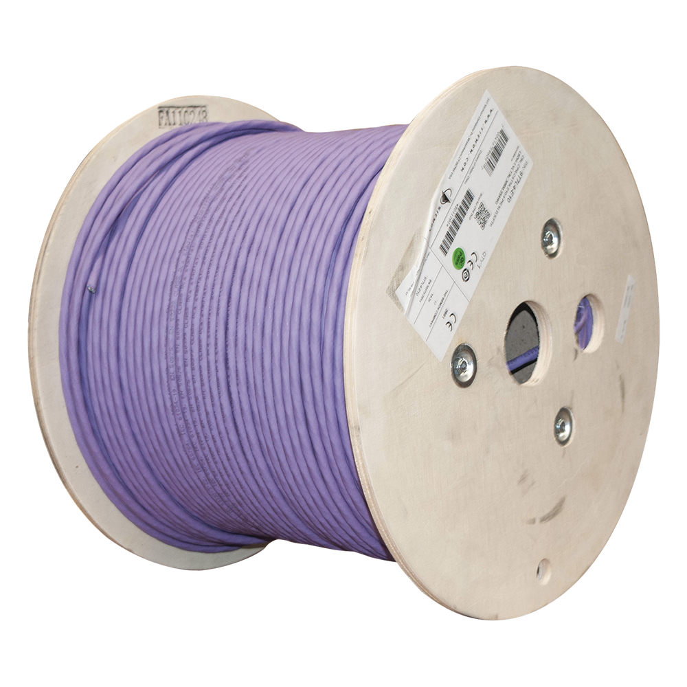 Bobina de Cable Blindado S/FTP de 4 Pares, Cat7A, Inmune a Ruido e Interferencias, LS0H (Bajo Humo, Cero Halógenos), Color Violeta, 305 Metros (1000 Pies)