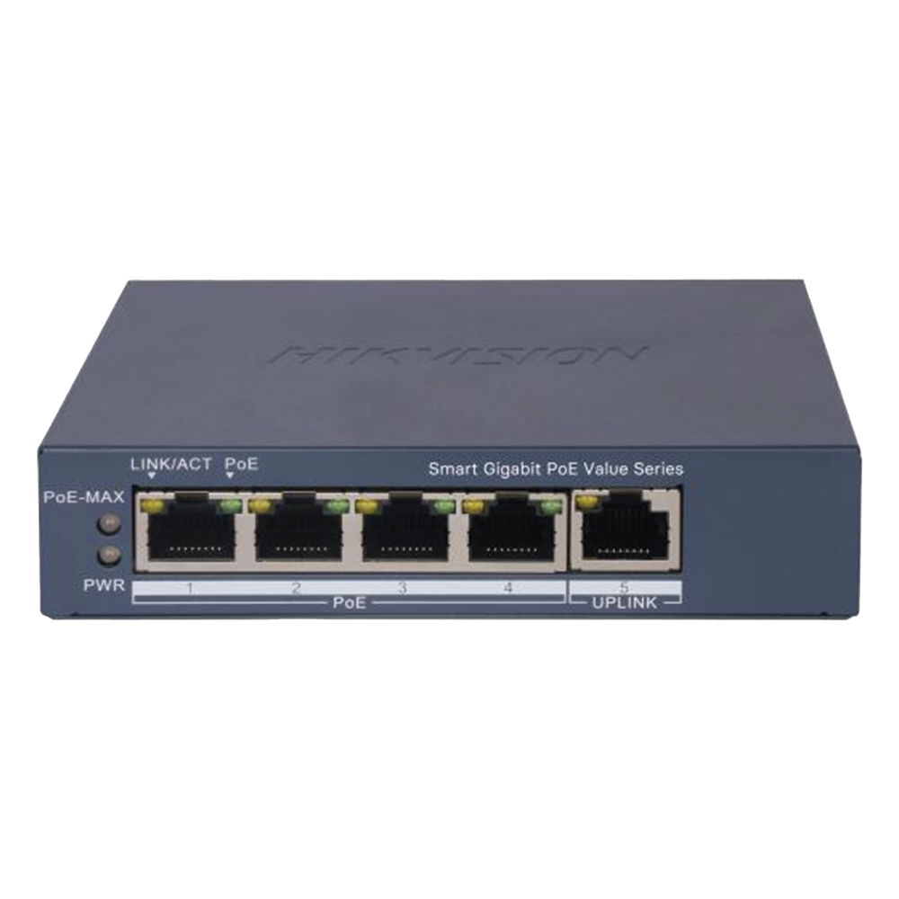 Switch Gigabit PoE+ / Monitoreable / 4 Puertos 1000 Mbps PoE+ / 1 Puerto 1000 Mbps Uplink / Configuración Nube Hik-PartnerPro / Modo Extendido hasta 300 Metros / 45 Watts