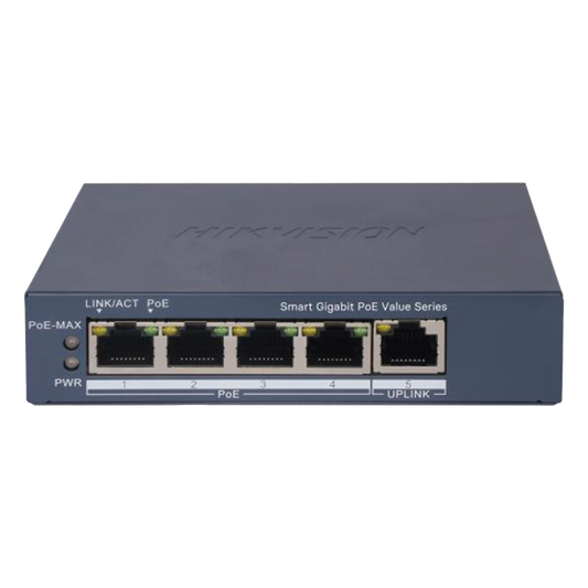 Switch Gigabit PoE+ / Monitoreable / 4 Puertos 1000 Mbps PoE+ / 1 Puerto 1000 Mbps Uplink / Configuración Nube Hik-PartnerPro / Modo Extendido hasta 300 Metros / 45 Watts