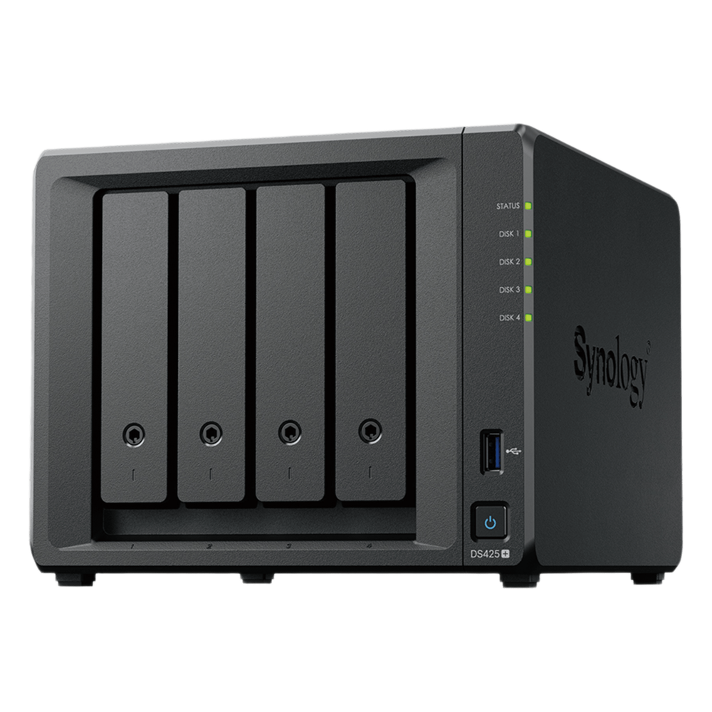 NAS DiskStation DS425+ | 4 Bahías | Intel Celeron J4125 2.7 GHz | 2 GB DDR4 / 2.5GbE + 1GbE | 2 Puertos USB 3.2 Gen 1 | 2 Ranuras M.2 NVMe | Hasta 80 TB | Synology DSM.