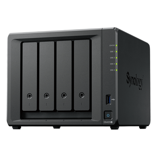 NAS DiskStation DS425+ | 4 Bahías | Intel Celeron J4125 2.7 GHz | 2 GB DDR4 / 2.5GbE + 1GbE | 2 Puertos USB 3.2 Gen 1 | 2 Ranuras M.2 NVMe | Hasta 80 TB | Synology DSM.