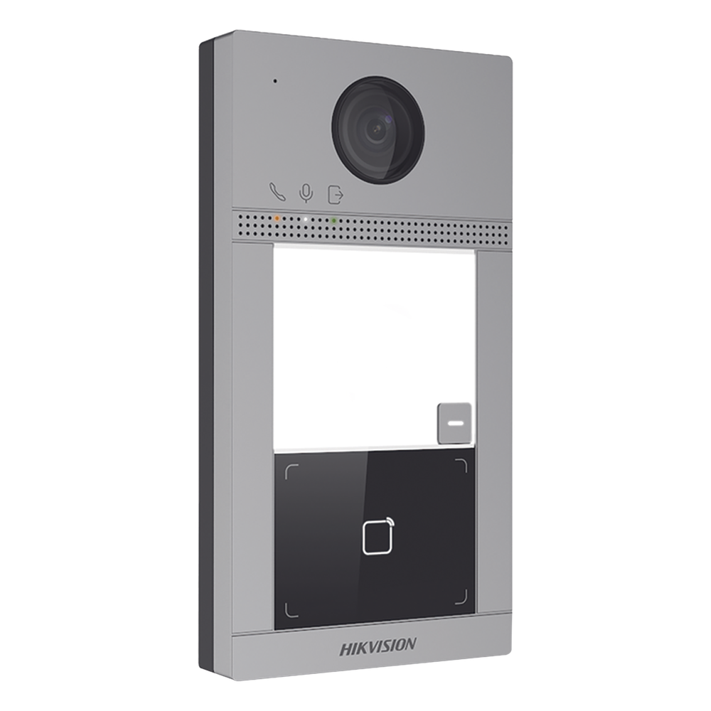 Videoportero IP 2 Megapixel / Llamada y Apertura Remota desde App Hik-Connect / PoE / Exterior IP65 + Antivandalico IK08 / 1 Departamento / Apertura con Tarjeta / Soporta 2 Puertas y hasta 6 Monitores