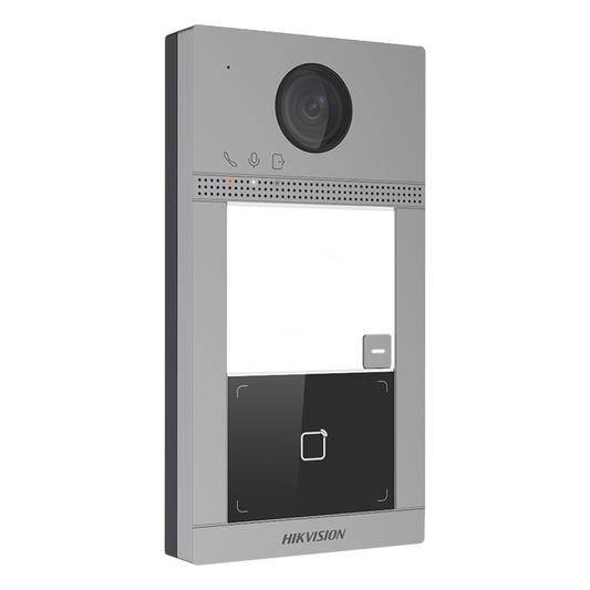 Videoportero IP 2 Megapixel / Llamada y Apertura Remota desde App Hik-Connect / PoE / Exterior IP65 + Antivandalico IK08 / 1 Departamento / Apertura con Tarjeta / Soporta 2 Puertas y hasta 6 Monitores