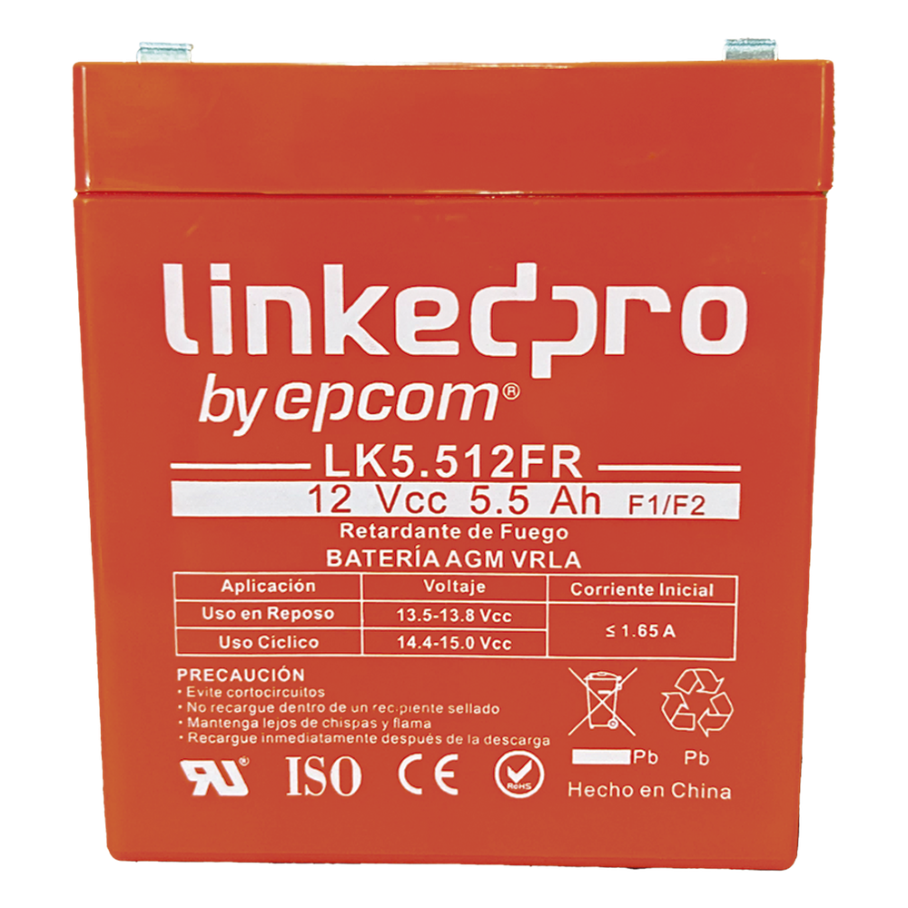Batería de respaldo 12 V |  5.5 Ah |  AGM  | Certificada UL94-V0 Retardante a la Flama  | Especial para Seguridad Electrónica | UPS | Sistemas de Emergencia | Vida útil 5 años | Terminales F1  + Adaptador F2