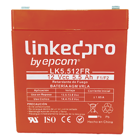 Batería de respaldo 12 V |  5.5 Ah |  AGM  | Certificada UL94-V0 Retardante a la Flama  | Especial para Seguridad Electrónica | UPS | Sistemas de Emergencia | Vida útil 5 años | Terminales F1  + Adaptador F2