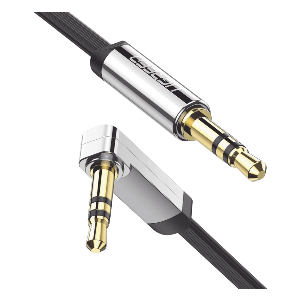 Cable Auxiliar Plano 2 Metros / Conector 3.5mm a 3.5mm / Macho-Macho / Recto a Angulo / Ángulo de 90° en una de sus Puntas / Color Negro