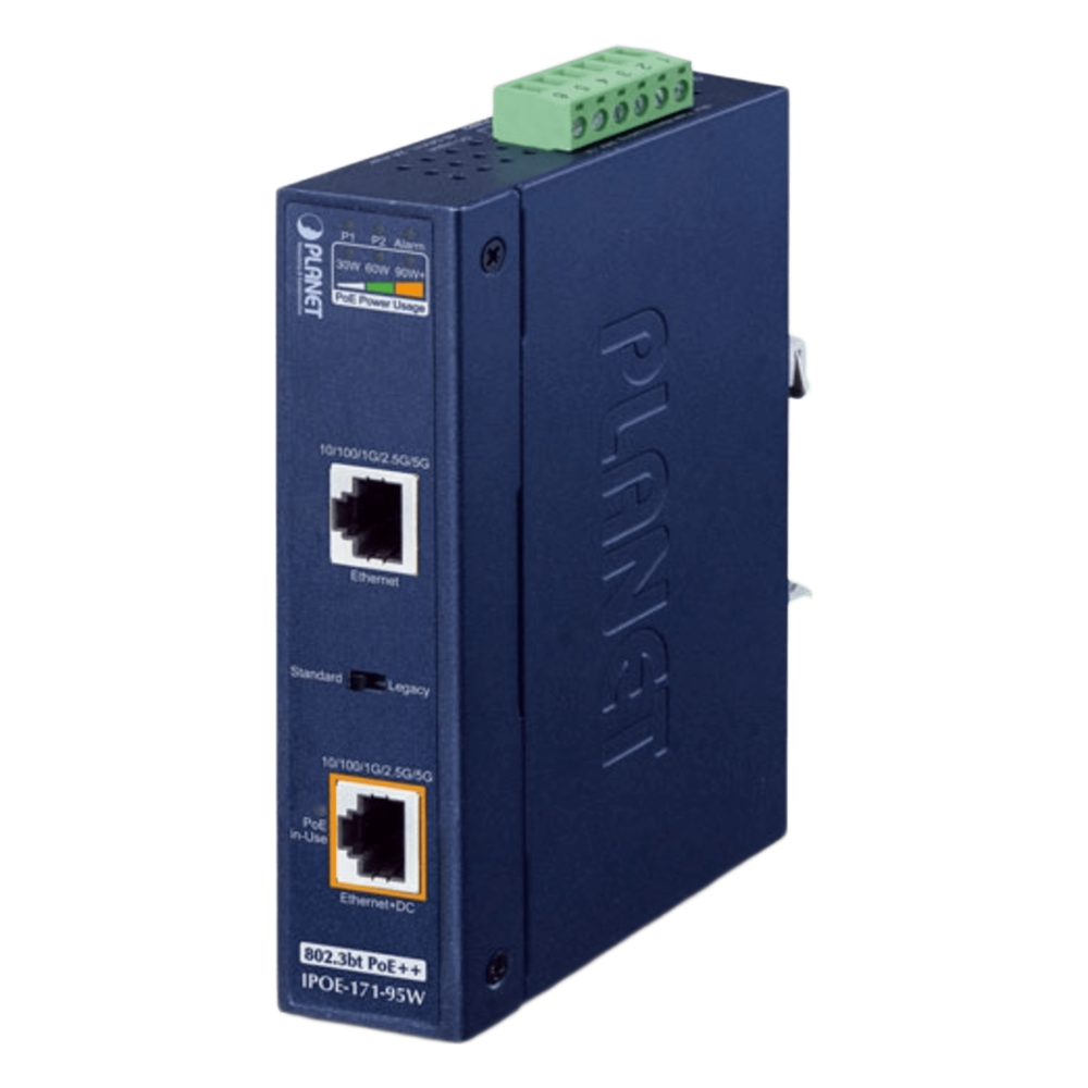 Inyector Industrial, Multi-Gigabit 802.3bt PoE++ / 95W / 2 Puertos RJ45 / 10M/100M/1G/2.5G/5Gbps / IP30 / -40 a 75°C / Montaje en Riel DIN o Pared