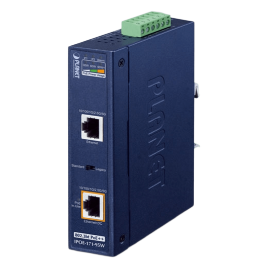Inyector Industrial, Multi-Gigabit 802.3bt PoE++ / 95W / 2 Puertos RJ45 / 10M/100M/1G/2.5G/5Gbps / IP30 / -40 a 75°C / Montaje en Riel DIN o Pared