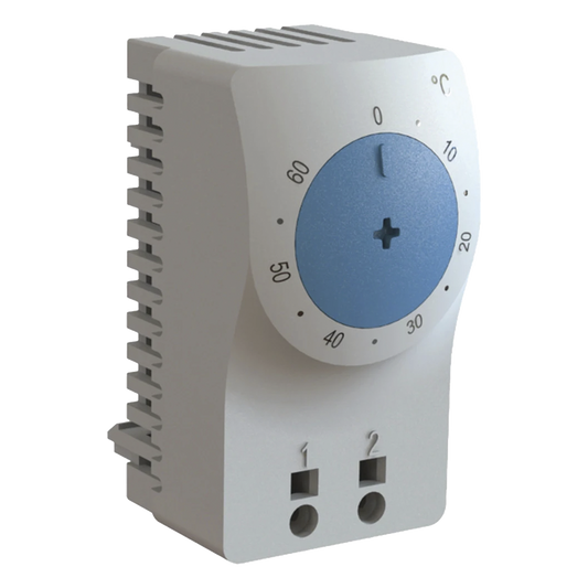 Termostato/Interruptor Para Control de Temperatura en Grados Fahrenheit, Para Uso con Ventiladores, Con Terminales de Conexión, y Clip para Riel Din de 35 mm, Color Gris Claro