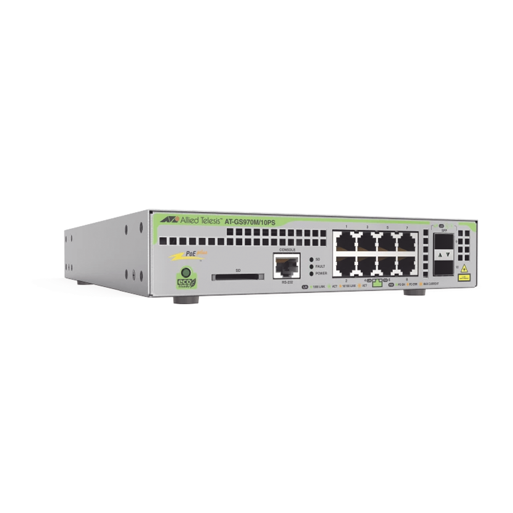 Switch PoE+ Administrable CentreCOM GS970M, Capa 3 de 8 Puertos 10/100/1000 Mbps + 2 SFP Gigabit, 124 W