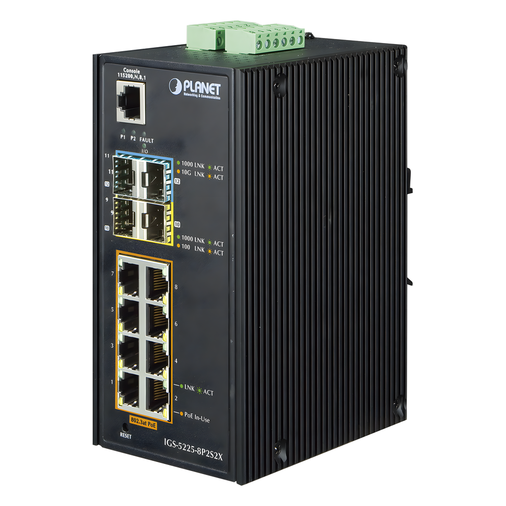 Switch Industrial Administrable 8 puertos 10/100/1000 T 802.3at PoE + 2 Puertos 100/1000X SFP + 2 puertos 10G SFP+