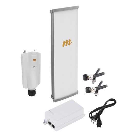 Kit de radio A5x con antena N545X4, 4.9 a 6.4 GHz, 700 Mbps, hasta 64 usuarios concurrentes,  Monitoreo a travez de la nube, incluye jumper, PoE24V, cable de alimentación y montaje