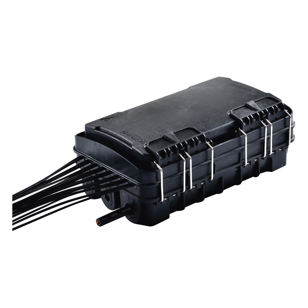 Caja de Distribución de Fibra Óptica para 24 Empalmes, con 16 acopladores SC/APC simplex, Exterior IP65, Color Negro
