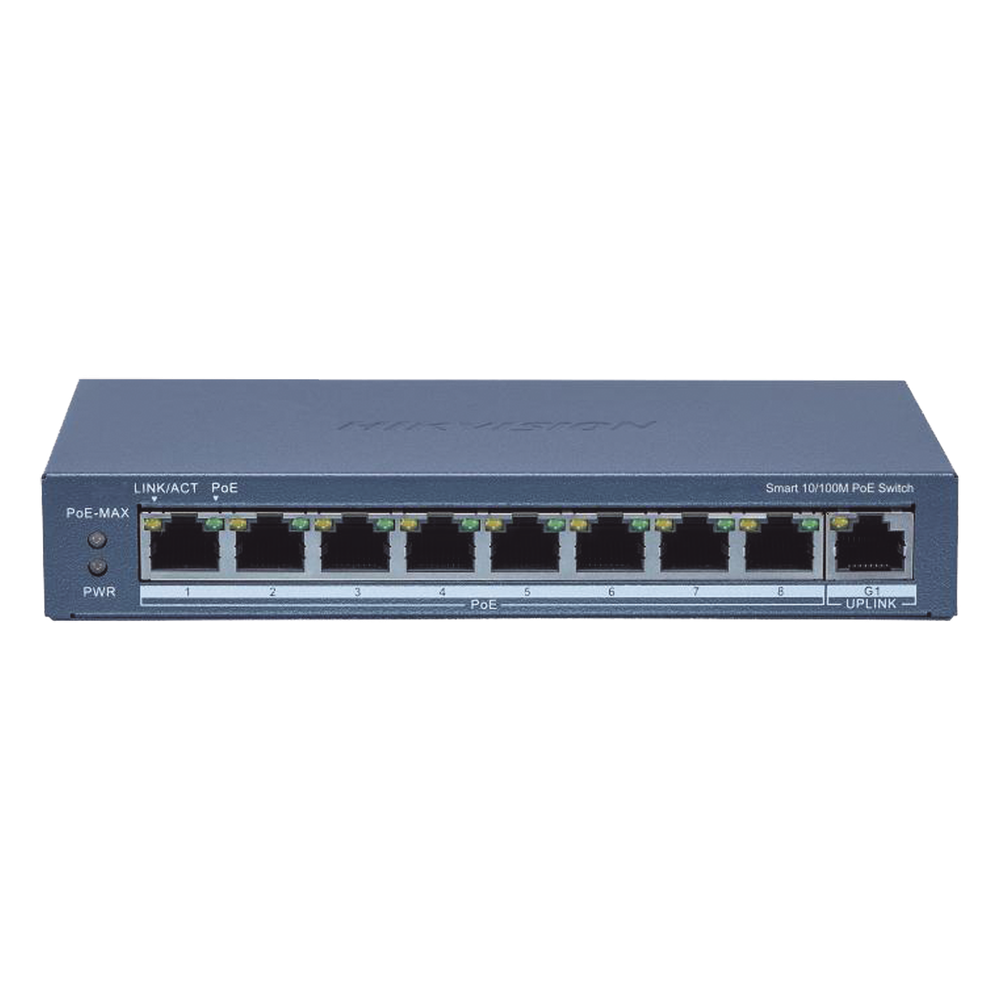 Switch Administrable PoE+ / 8 puertos 100 Mbps PoE+ / 1 puerto 1000 Mbps de Uplink / PoE hasta 300 Metros / Conexión Remota desde Hik-ParnerPro / 110 W