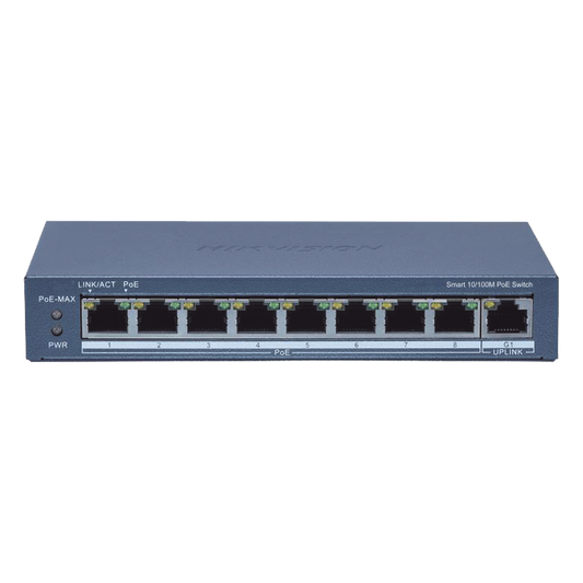 Switch Administrable PoE+ / 8 puertos 100 Mbps PoE+ / 1 puerto 1000 Mbps de Uplink / PoE hasta 300 Metros / Conexión Remota desde Hik-ParnerPro / 110 W