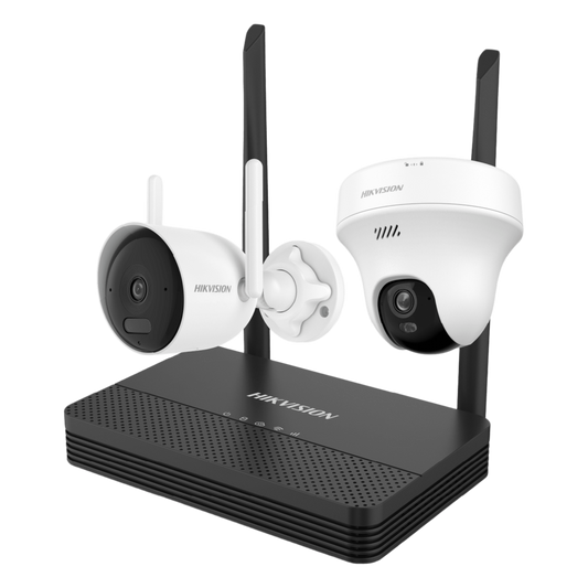 Kit IP Inalámbrico 2 Megapíxel / NVS 4 Canales / 1 Cámara Bala Exterior + 1 Cámara Turret Interior con Lente 2.8 mm y Dual Light / Audio Bidireccional (Micrófono y Bocina) / Soporta Micro SD de 512 GB