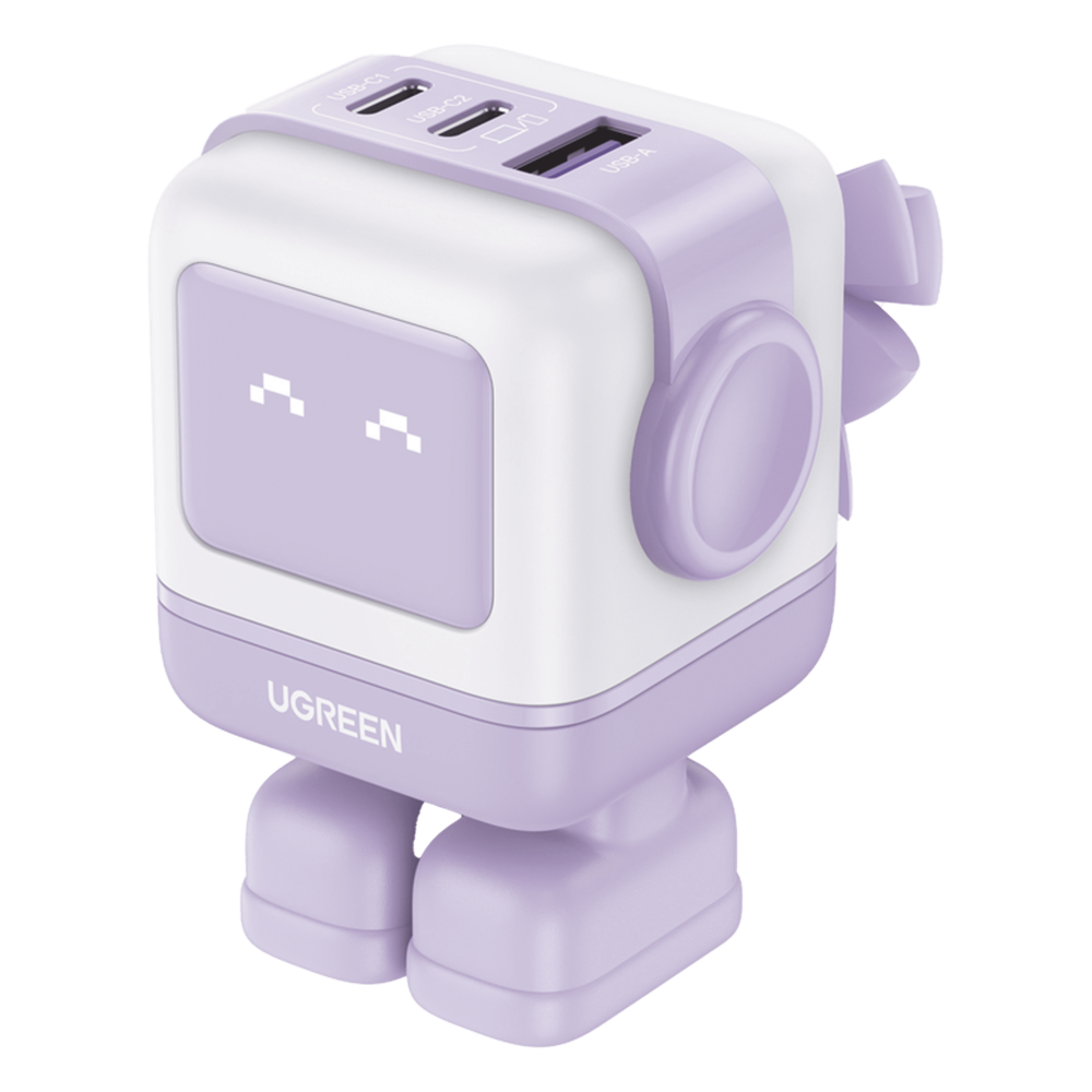 Cargador RobotGaN de 65W Serie UNO | 3 Puertos de Carga Rápida | 2 USB-C | 1 USB-A | PD 3.0 | QC 4.0 | Carga Inteligente | Tecnología GaN II | Zapato Magnético Extraíble | Carcasa Ignífuga | Pantalla LED