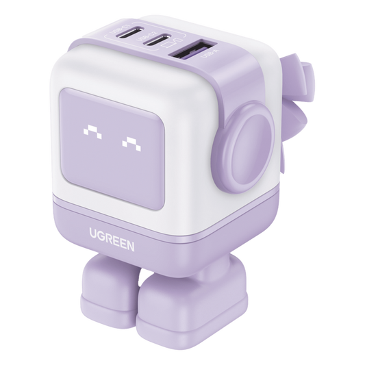 Cargador RobotGaN de 65W Serie UNO | 3 Puertos de Carga Rápida | 2 USB-C | 1 USB-A | PD 3.0 | QC 4.0 | Carga Inteligente | Tecnología GaN II | Zapato Magnético Extraíble | Carcasa Ignífuga | Pantalla LED