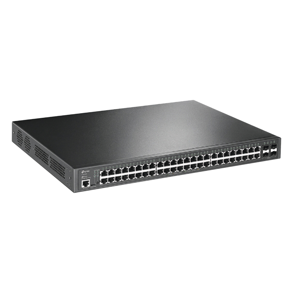 Switch L2+ Omada PoE+ / 48 Puertos PoE+ 10/100/1000 Mbps / 4 Puertos SFP 1G / 2 Puertos Consola (RJ45 y microUSB) / Administración Centralizada Omada o Stand-Alone / Multicast IGMP / Calidad de Servicio / Presupuesto PoE 384W / Montaje en Rack