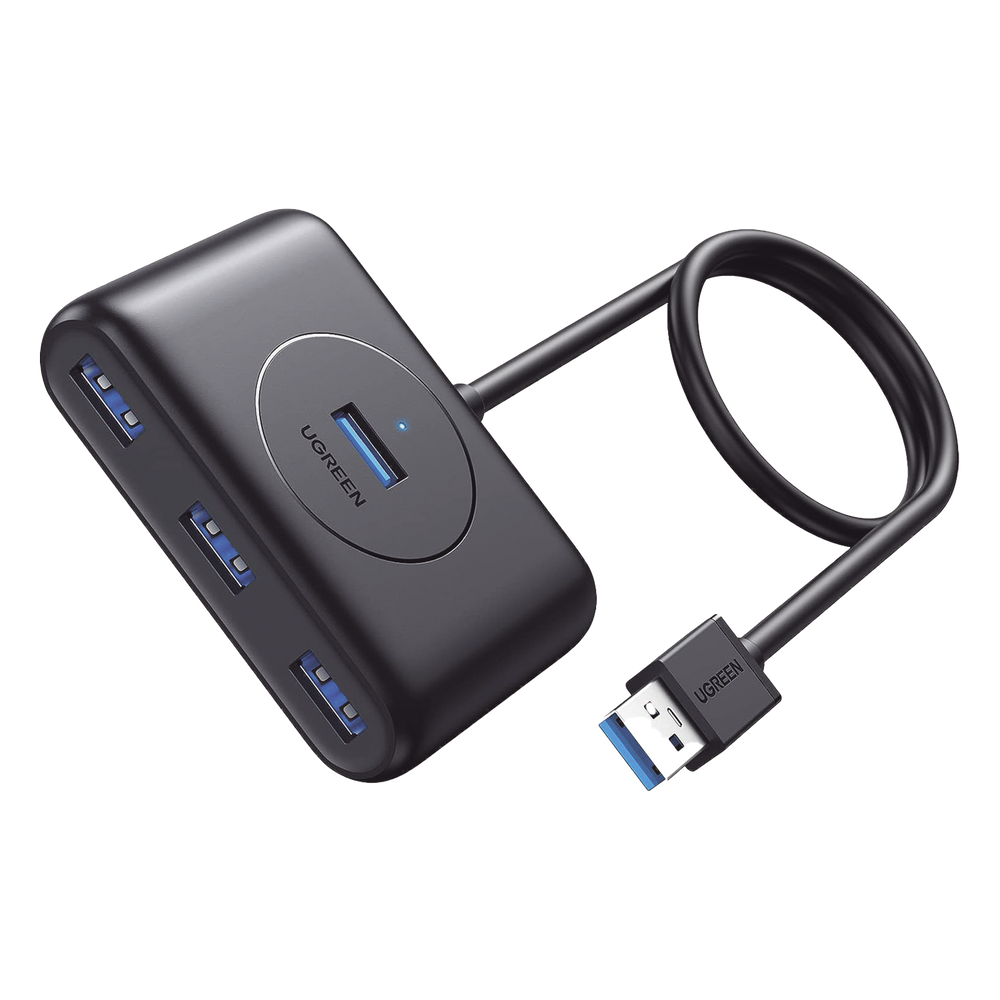 HUB USB-A 3.0 4 en 1 | 4 Puertos USB-A 3.0 (5Gbps) | Entrada USB-C (PD 5V2A) | Cable de 1 Metro | Indicador Led | Ideal para Transferencia de Datos | Entrada USB-C para alimentar equipos de mayor consumo | Color Negro.