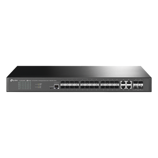 Switch de Fibra Óptica L2+ Omada / 24 puertos SFP 1GE / 4 Puertos Combinados SFP+/RJ45 Gigabit / 2 Puertos Consola RJ45|micro-SUB / Administración Centralizada Omada o Stand-Alone / Compatile con IPv6 /  Multicast IGMP