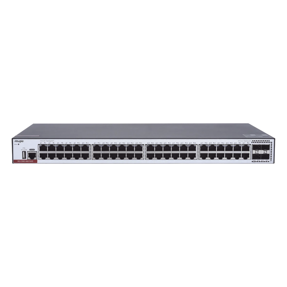 Switch Administrable Capa 3 con 48 puertos Gigabit + 4 SFP+ para fibra 10Gb, gestión gratuita desde la nube.