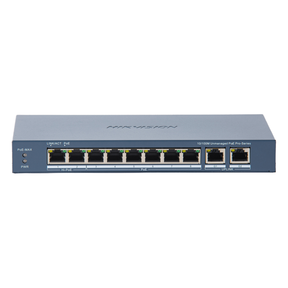 Switch PoE+ / No Administrable / 7 Puertos 10/100 Mbps 802.3 af/at (30 W) / 1 Puerto 10/100 Mbps Hi-PoE (90 W)  / 2 Puertos 1000 Mbps Uplink / Modo Extendido hasta 300 Metros / 110 Watts