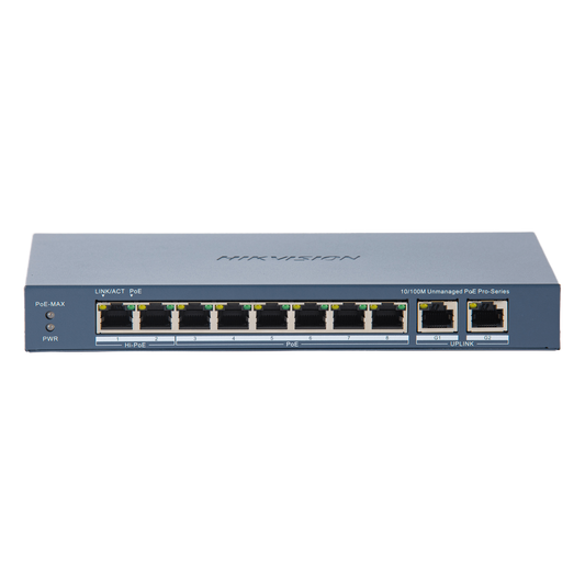 Switch PoE+ / No Administrable / 7 Puertos 10/100 Mbps 802.3 af/at (30 W) / 1 Puerto 10/100 Mbps Hi-PoE (90 W)  / 2 Puertos 1000 Mbps Uplink / Modo Extendido hasta 300 Metros / 110 Watts