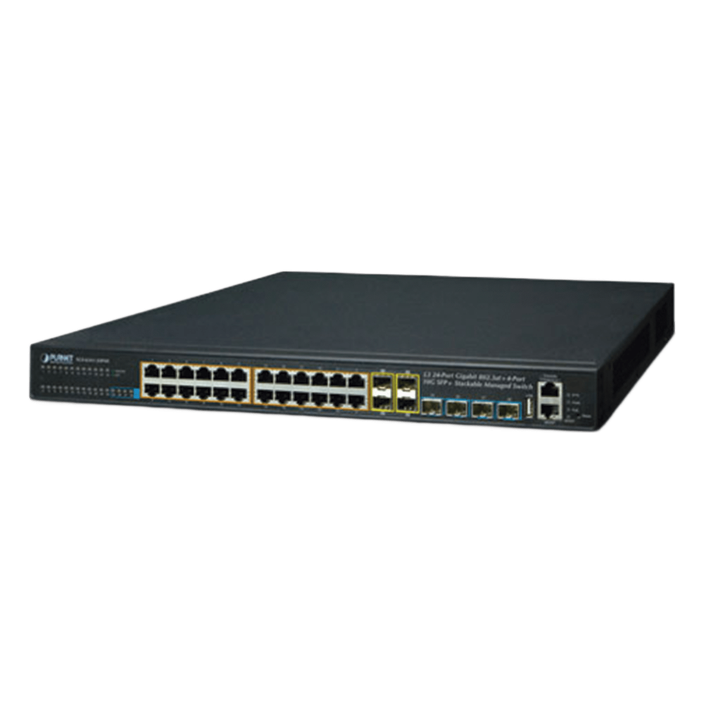 Switch Administrable Stacking Capa 3, 24 Puertos PoE 802.3af/at 10/100/1000T, Hasta 370 W,  4 Puertos 10G SFP+