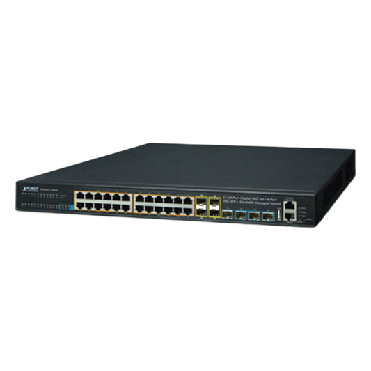 Switch Administrable Stacking Capa 3, 24 Puertos PoE 802.3af/at 10/100/1000T, Hasta 370 W,  4 Puertos 10G SFP+