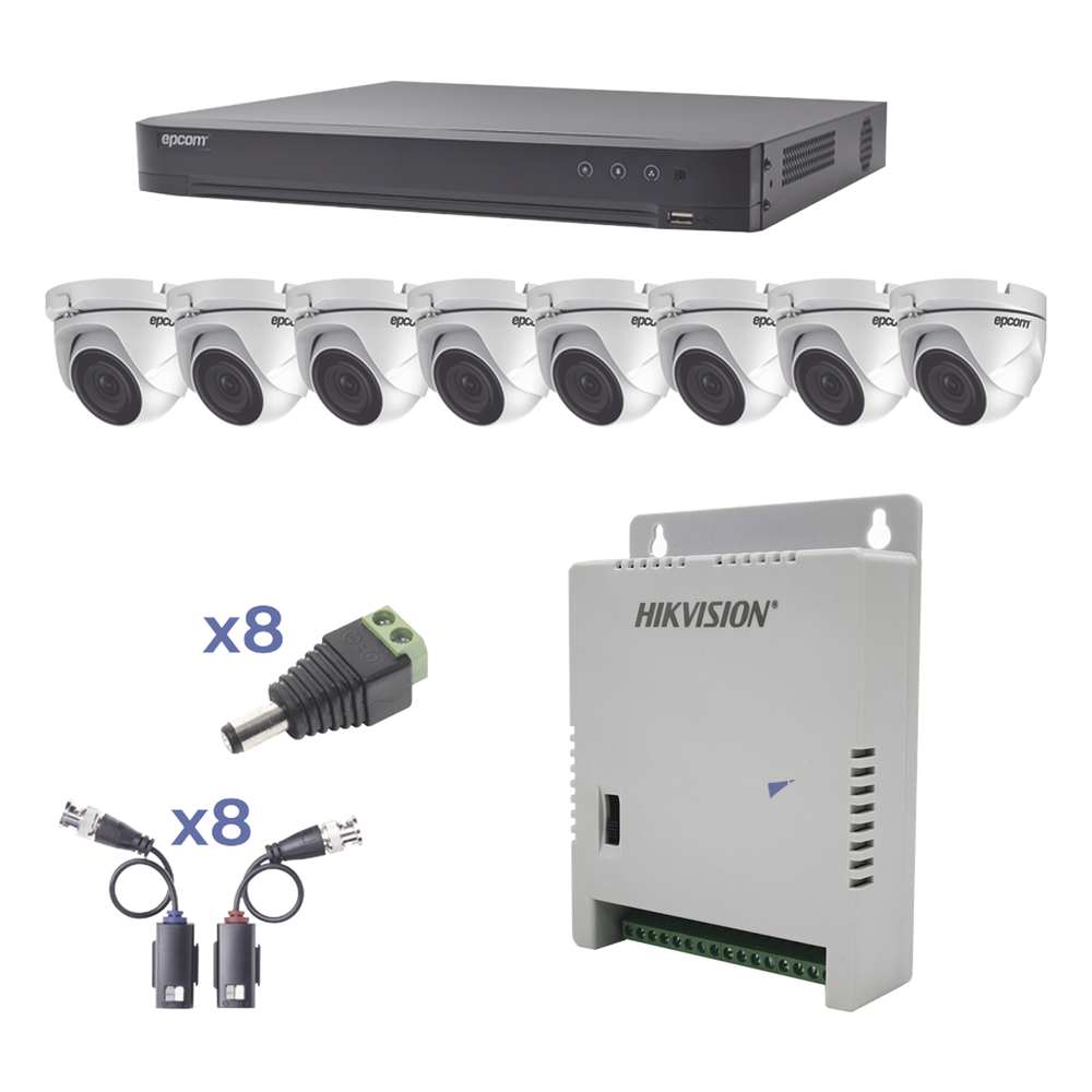 KIT TurboHD 1080p / DVR 8 Canales / 8 Cámaras Eyeball (exterior 2.8 mm) / Transceptores / Conectores / Fuente de Poder Profesional hasta 15 Vcc para Larga Distancia