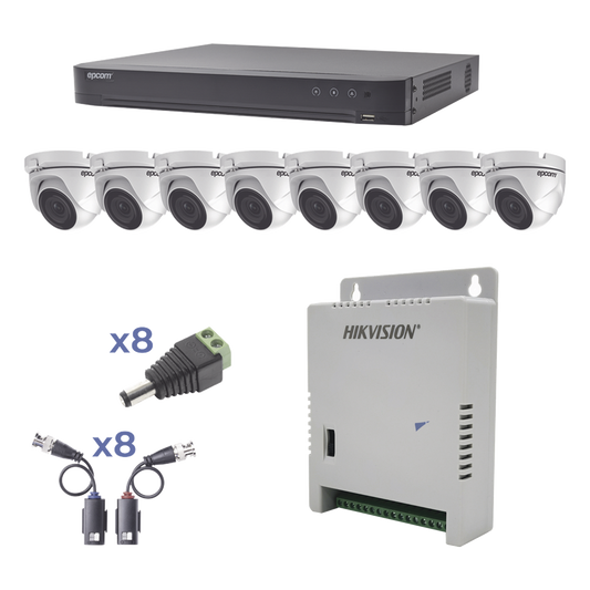 KIT TurboHD 1080p / DVR 8 Canales / 8 Cámaras Eyeball (exterior 2.8 mm) / Transceptores / Conectores / Fuente de Poder Profesional hasta 15 Vcc para Larga Distancia