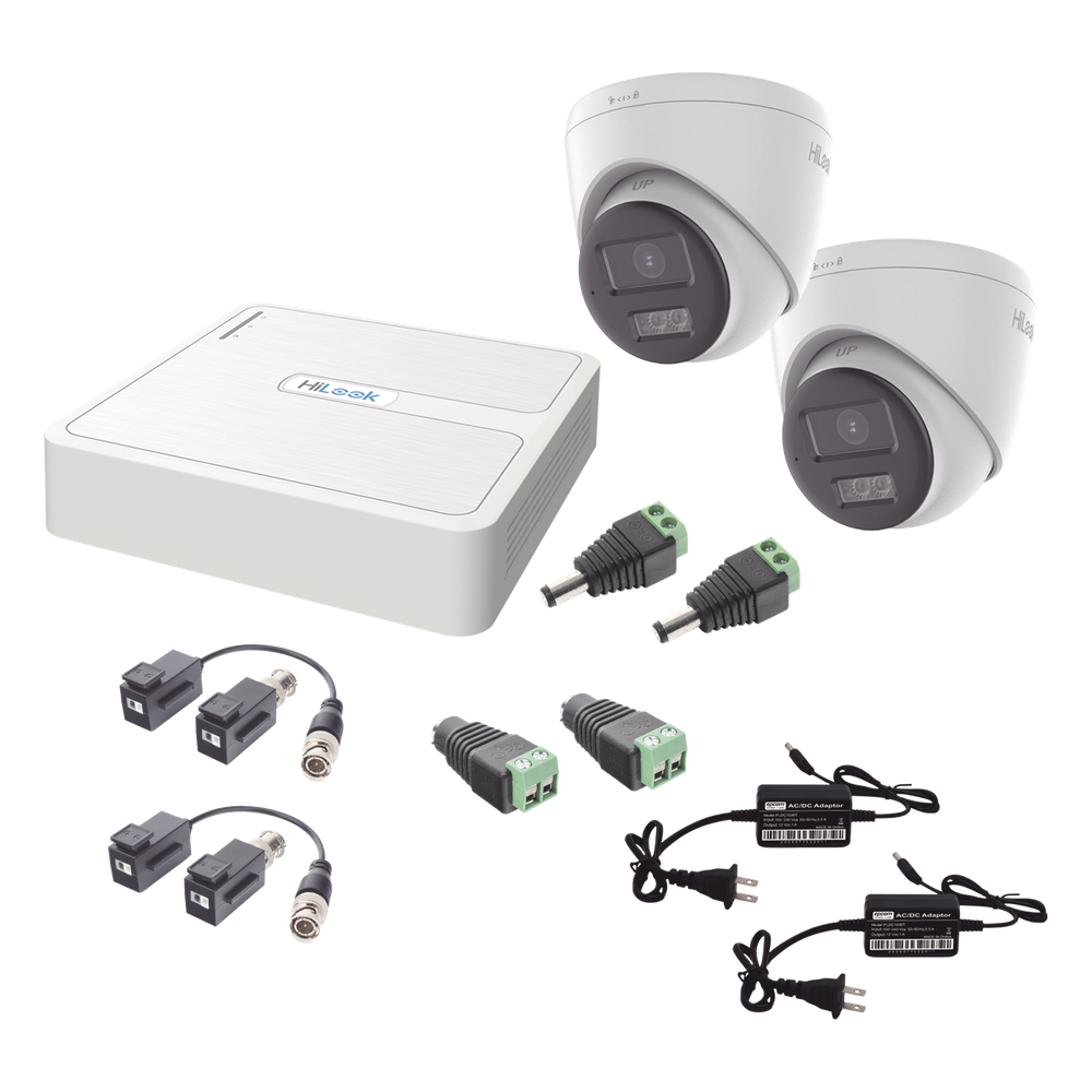 Kit HiLook Audio Bidireccional TurboHD 1080p / DVR 4 Canales / 2 Cámaras Turret (Exterior) con Bocina y Microfóno Integrado / 2 Fuentes de Poder / Accesorios