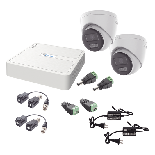 Kit HiLook Audio Bidireccional TurboHD 1080p / DVR 4 Canales / 2 Cámaras Turret (Exterior) con Bocina y Microfóno Integrado / 2 Fuentes de Poder / Accesorios