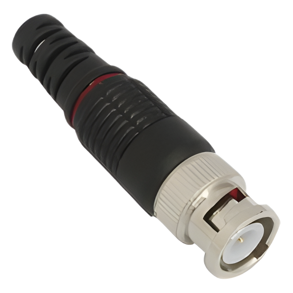 Conector BNC macho en 75 Ohm con Base de Alivio Plástica Negra para Cable Coaxial RG-59/ Níquel/ Oro / Teflón.