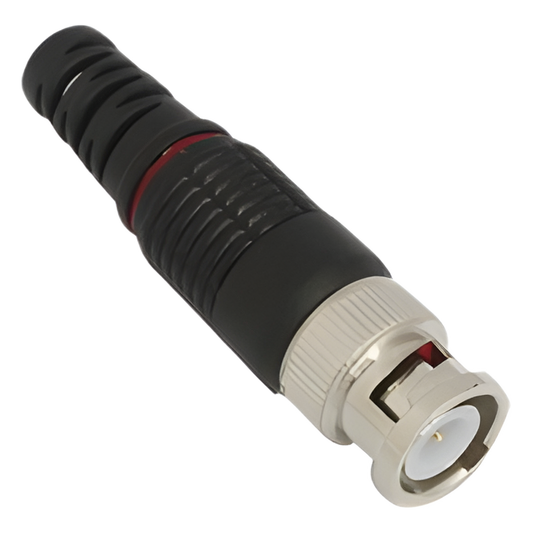 Conector BNC macho en 75 Ohm con Base de Alivio Plástica Negra para Cable Coaxial RG-59/ Níquel/ Oro / Teflón.
