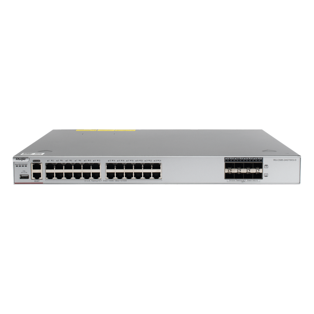 Switch Core Administrable Capa 3 con 24 puertos Gigabit + 8 SFP+ para fibra 10Gb, gestión gratuita desde la nube.