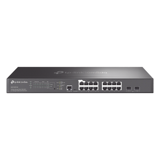 Switch L2+ Omada PoE+ / 16 Puertos MultiGigabit 2.5G / 8 Puertos 2.5G Sin PoE / 8 Puertos PoE+ 2.5G / 2 Puertos SFP+ 10G / Administración Centralizada Omada o Stand-Alone / Multicast IGMP / Presupuesto PoE 240W / Montaje en Rack
