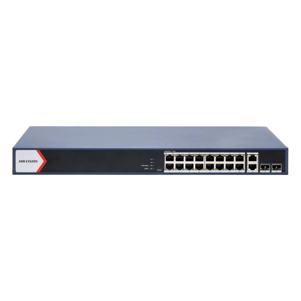 Switch PoE+ / Administrable / 16 puertos 1000 Mbps PoE+ / 2 Puertos 1000 Mbps Uplink / 2 Puertos SFP de Uplink /  Configuración Nube Hik-Partner Pro / Modo Extendido hasta 300 metros / 230 W