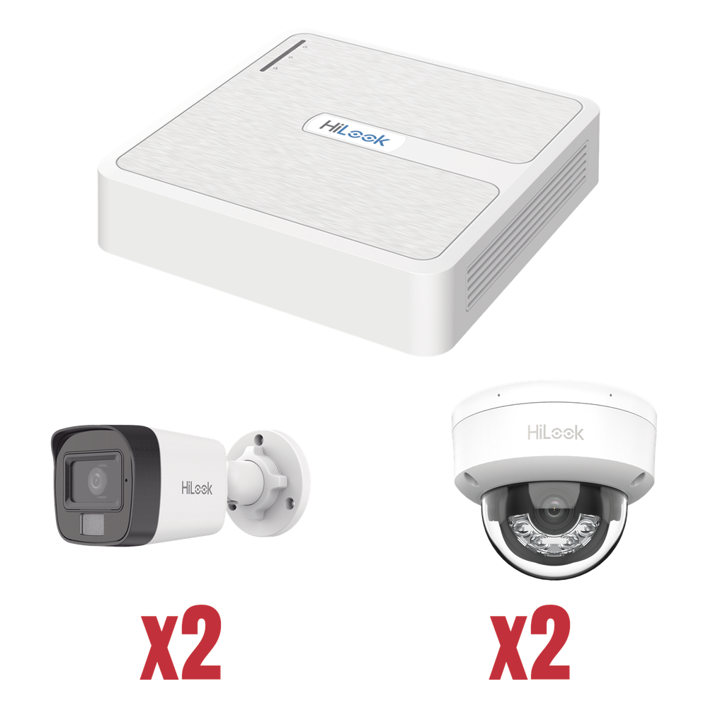 Kit IP 1080p (2 Megapixel) / NVR de 4 Canales con 4 Puertos PoE / 2 Cámaras IP Bala para Exterior con microfono y Dual light / 2 Cámaras IP Domo para Exterior