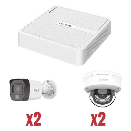 Kit IP 1080p (2 Megapixel) / NVR de 4 Canales con 4 Puertos PoE / 2 Cámaras IP Bala para Exterior con microfono y Dual light / 2 Cámaras IP Domo para Exterior
