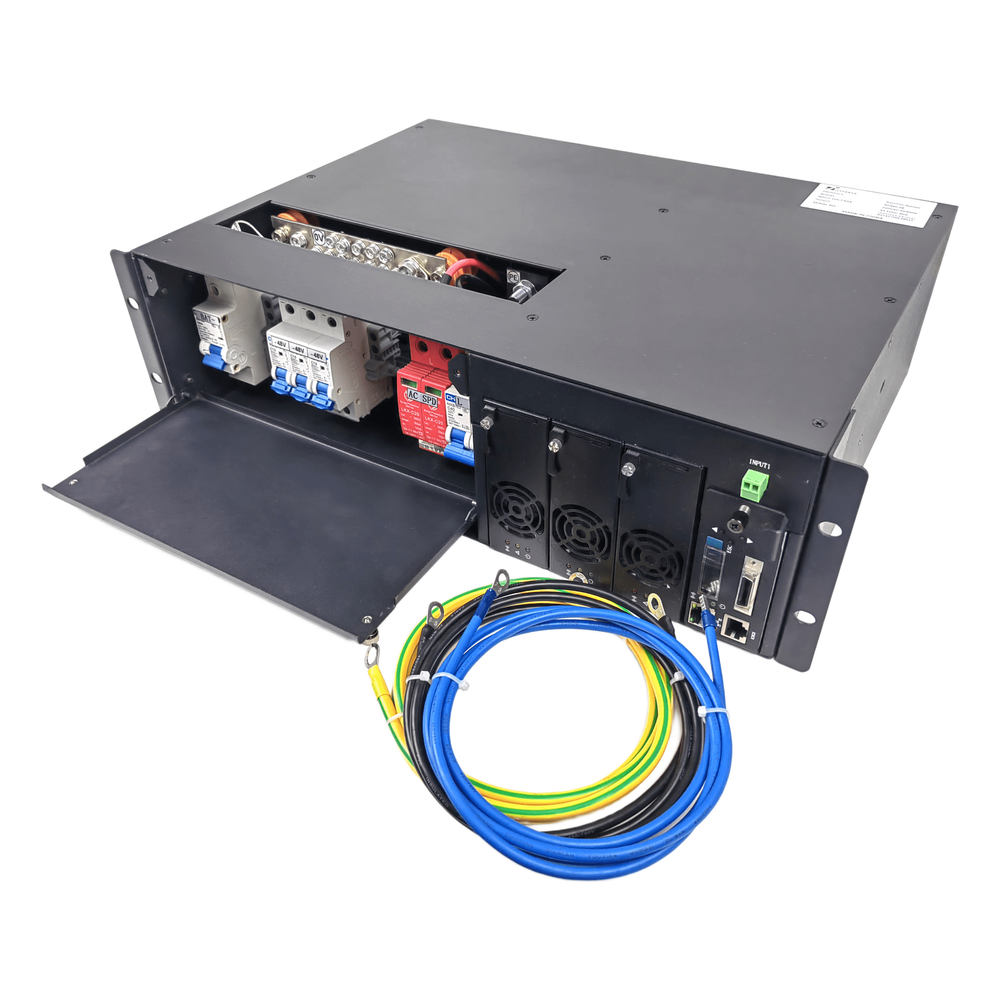 Rectificador de Energía AC 110 Vac / –48 V de Alta Eficiencia, 90 A y 5400 W, 3 UR para Telecomunicaciones como equipos OLTs Modulares / Cargador de Baterias de Litio