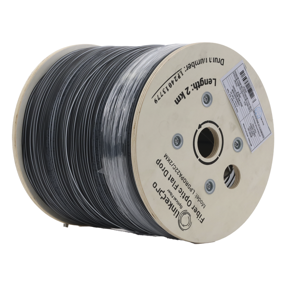 Carrete de 2 km de Fibra Óptica Drop Plana, Interior/Exterior G.657A2 Monomodo de 2 Hilos (Bifibra), Dieléctrica, Forro Negro, (No Soporta Conectores Mecánicos)