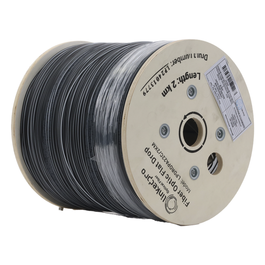 Carrete de 2 km de Fibra Óptica Drop Plana, Interior/Exterior G.657A2 Monomodo de 2 Hilos (Bifibra), Dieléctrica, Forro Negro, (No Soporta Conectores Mecánicos)