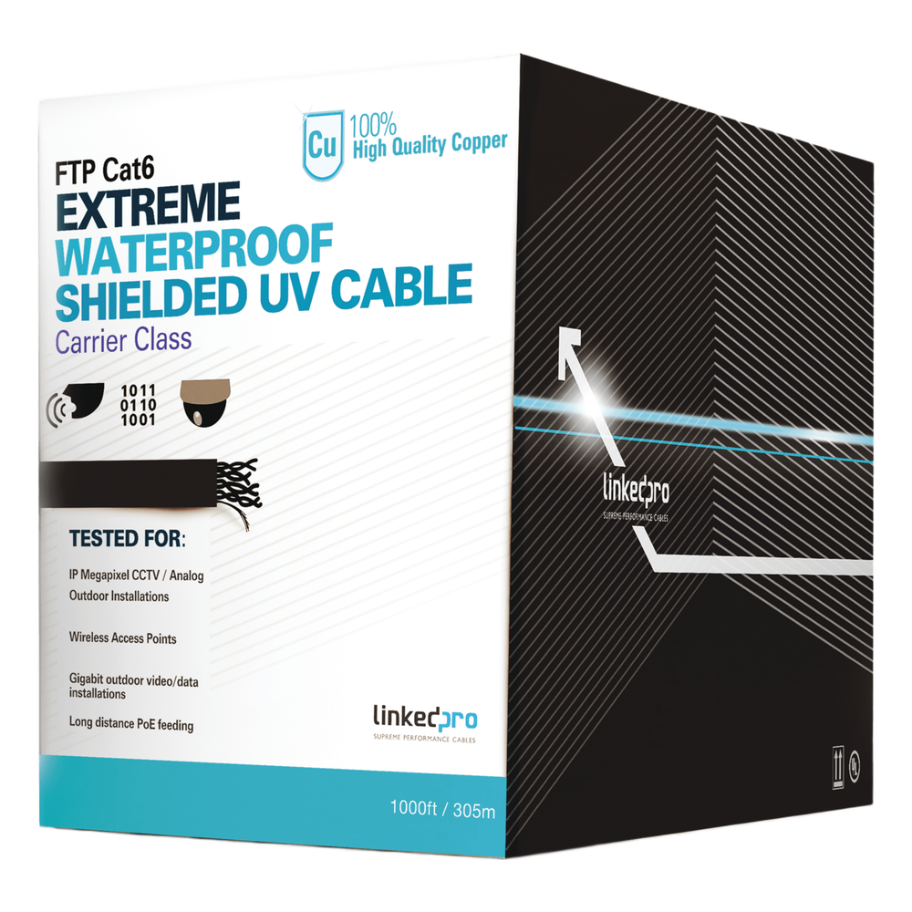 Bobina de Cable de 305 Metros (1000 Pies) Cat6+ Calibre 23 Exterior Blindado Tipo FTP para Climas Extremos, UL, Color Negro