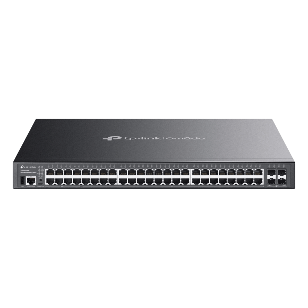 Switch Lite L3 Gestionable Apilable / 48 Puertos Gigabit PoE++ / 4 Slots 10G SFP+ / Presupuesto PoE 770W / Fast PoE y Perpetual PoE / Apilamiento Físico de 4 Unidades / L3: RIP, OSPF, VRRP / Gestión Cloud Omada SDN