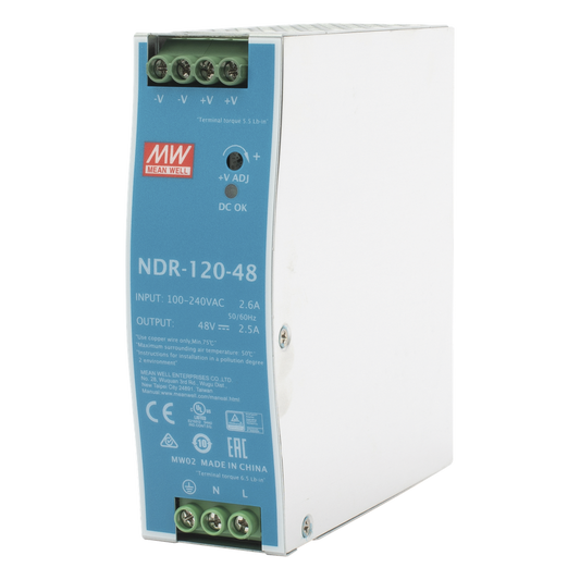 Fuente de poder industrial de 120 W, salida 48 Vcc, entrada 90~264 VCA, para montaje en riel DIN,