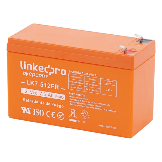 Batería de respaldo 12 V | 7.5 Ah |  AGM | Certificada UL94-V0 Retardante a la Flama  | Especial para Seguridad Electrónica | UPS  | Sistemas de Emergencia  | Vida útil 5 años | Terminales F1  + Adaptador F2